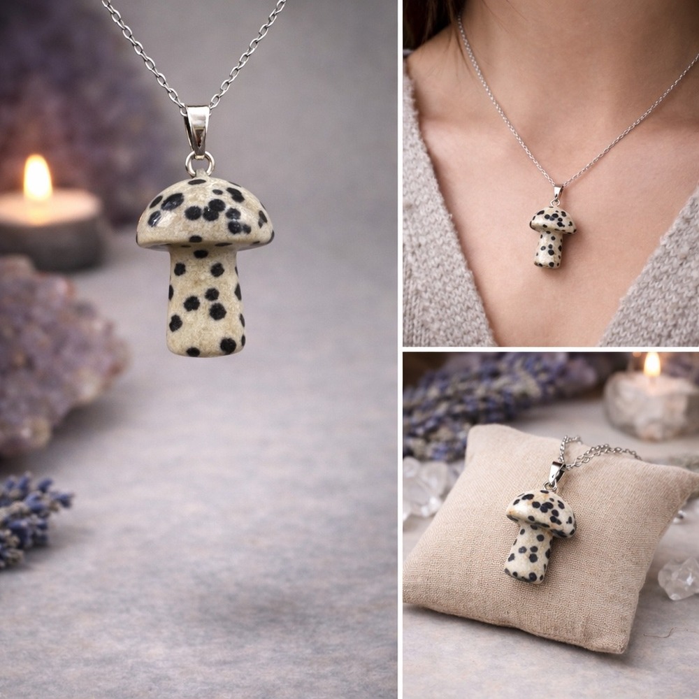 Dalmatian Jasper Mushroom‎ Pendant Necklace Boho Witchy Crystal Jewelry
